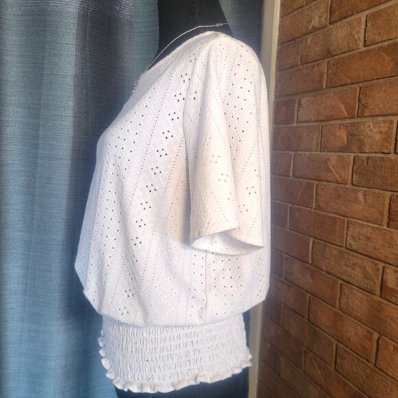 Michael Kors Collection White Eyelet Smocked-Hem Blouse - Women's Size M - Picture 3 of 12
